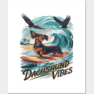 Majestic Dachshund Dog Catching a Wave Surfing Posters and Art